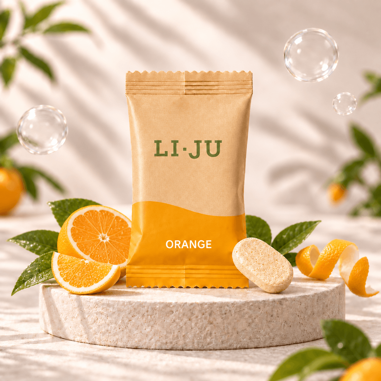 Het LI·JU zakje Orange met een tablet, tussen halve sinaasappels
